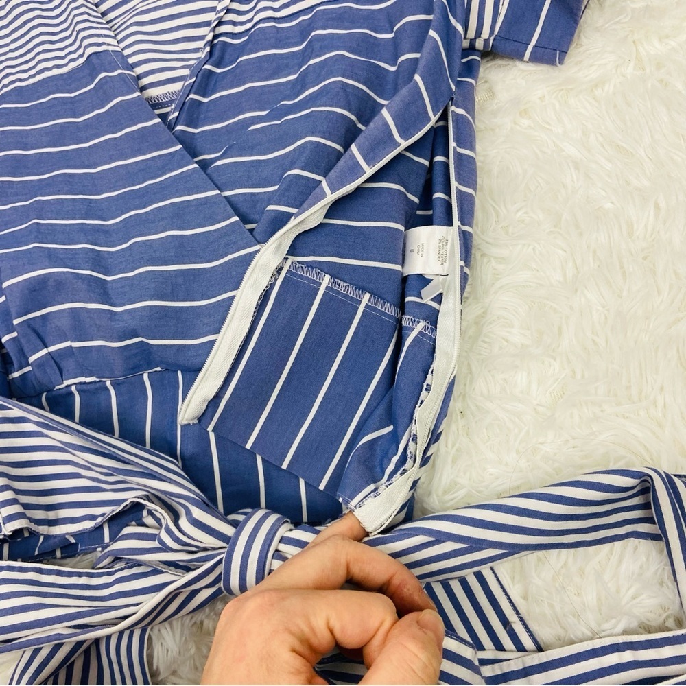 NEW YORK & COMPANY navy & white striped tie waist wrap puff sleeve blouse SZ S - Picture 6 of 14